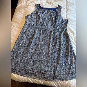 Blue Patterned Midi Dress with Contrast Trim